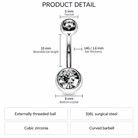 Product detail diagram of a curved barbell belly button piercing with dimension labels: 5 mm top ball, 10 mm wearable bar length, 14G/1.6 mm bar thickness, 8 mm bottom crystal, plus text noting externally threaded ball, 316L surgical steel, cubic zirconia, and curved barbell on a white background.