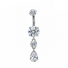 A silver-tone belly button ring with three dangling clear gemstones, shown on a white background with a brand logo in the top left and a close-up inset of the post in the top right.