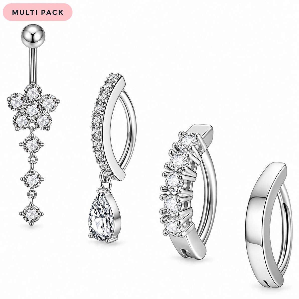 A multi-pack of silver-toned body jewelry on a white background, including a belly button ring with a dangling flower and teardrop design, several huggie hoop earrings with clear stones, and a flat back hoop.