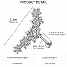 Product detail diagram of a silver-toned labret stud with a cluster of clear cubic zirconia stones and a brass-toned ball end, showing measurements for topper size, post length, and post thickness with text labels on a white background.