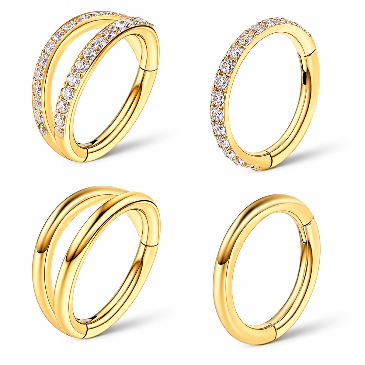 Four gold huggie hoop earrings with clear gemstones, arranged in a 2x2 grid on a white background. The earrings include combinations of fully stone-covered, partially stone-covered, and stone-free views.