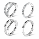 Four silver-toned hoop earrings arranged in a 2x2 grid on a white background. Two earrings have double parallel bands, and two have a single band paved with small clear stones.