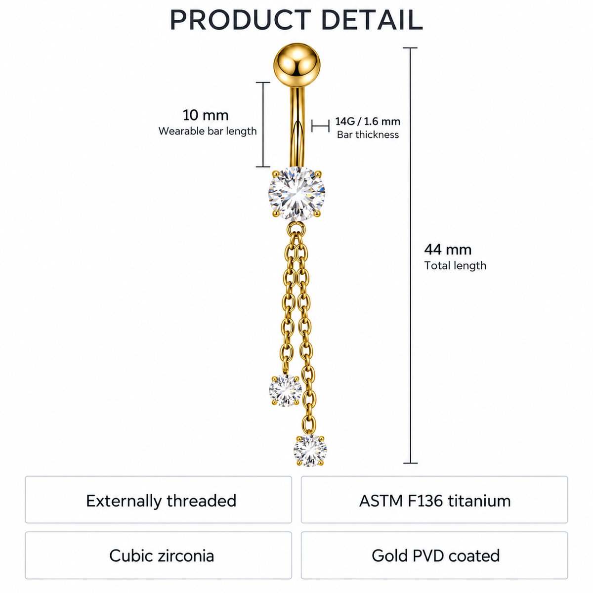 14G Titanium Double Dangling Crystal Chain Belly Bar size guide