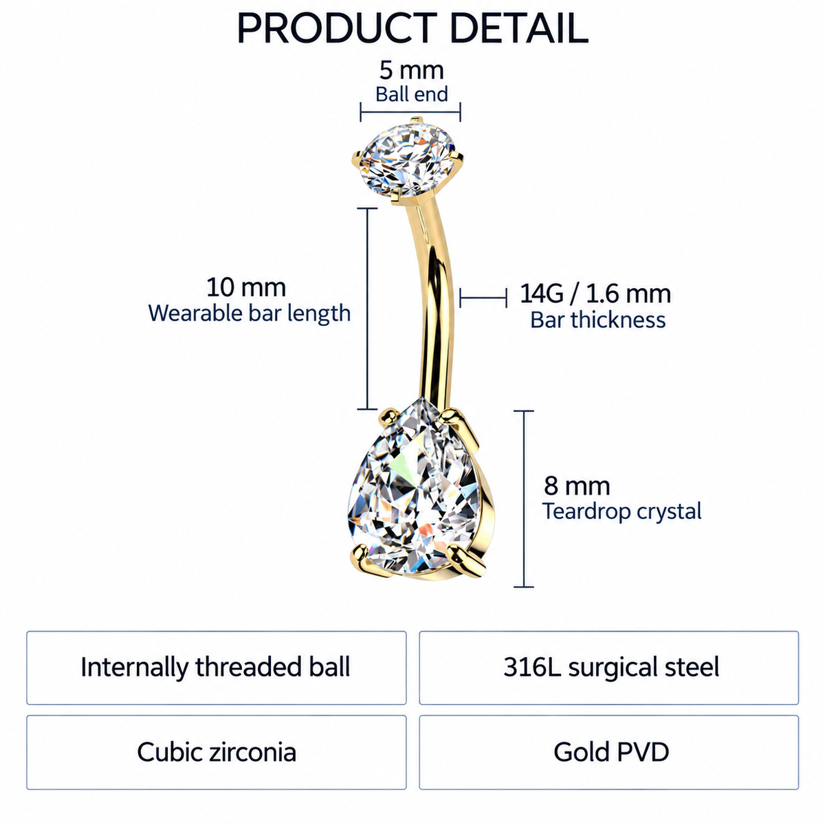 Product detail diagram of a gold-plated labret piercing ring with a teardrop-shaped cubic zirconia crystal and a round ball end, showing measurements: 5 mm ball end, 10 mm wearable bar length, 14G/1.6 mm bar thickness, and 8 mm teardrop crystal.