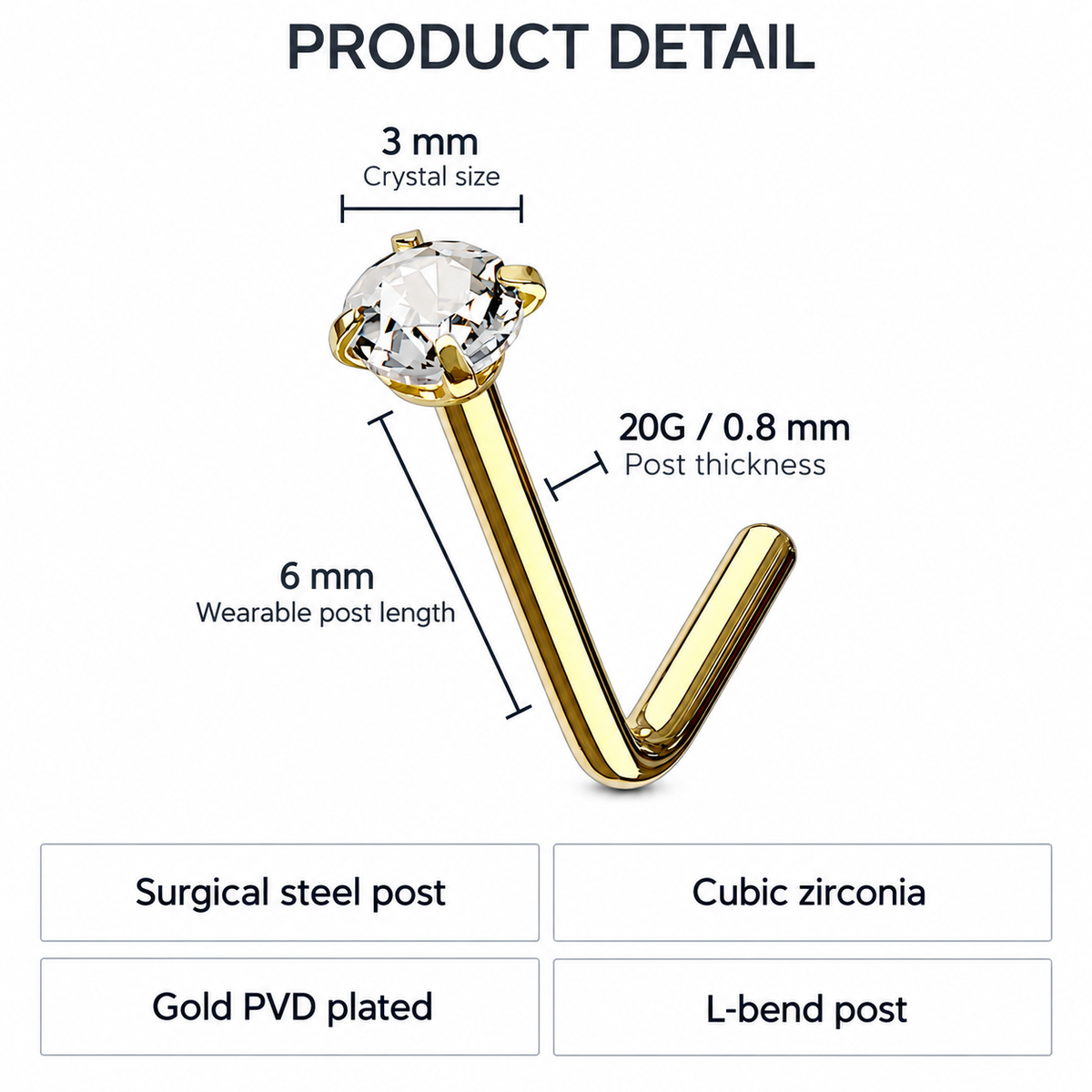 Product detail graphic showing a gold-plated L-bend labret piercing with a cubic zirconia crystal, annotated with dimensions: 3 mm crystal size, 6 mm wearable post length, and 20G/0.8 mm post thickness.