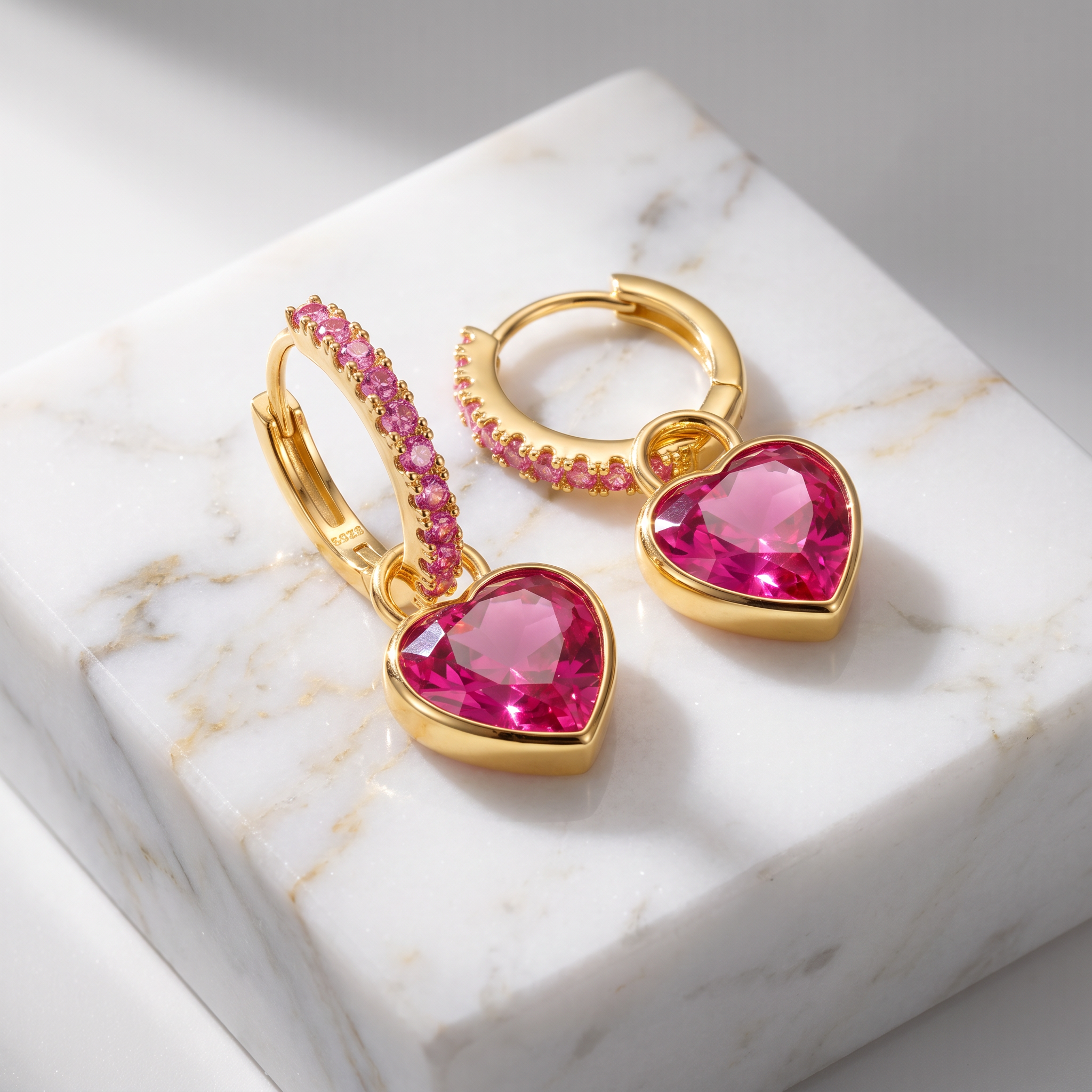 Gold huggie hoop earrings with heart-shaped pink gemstones and a curved bar set with small pink stones, displayed on a white marble block.