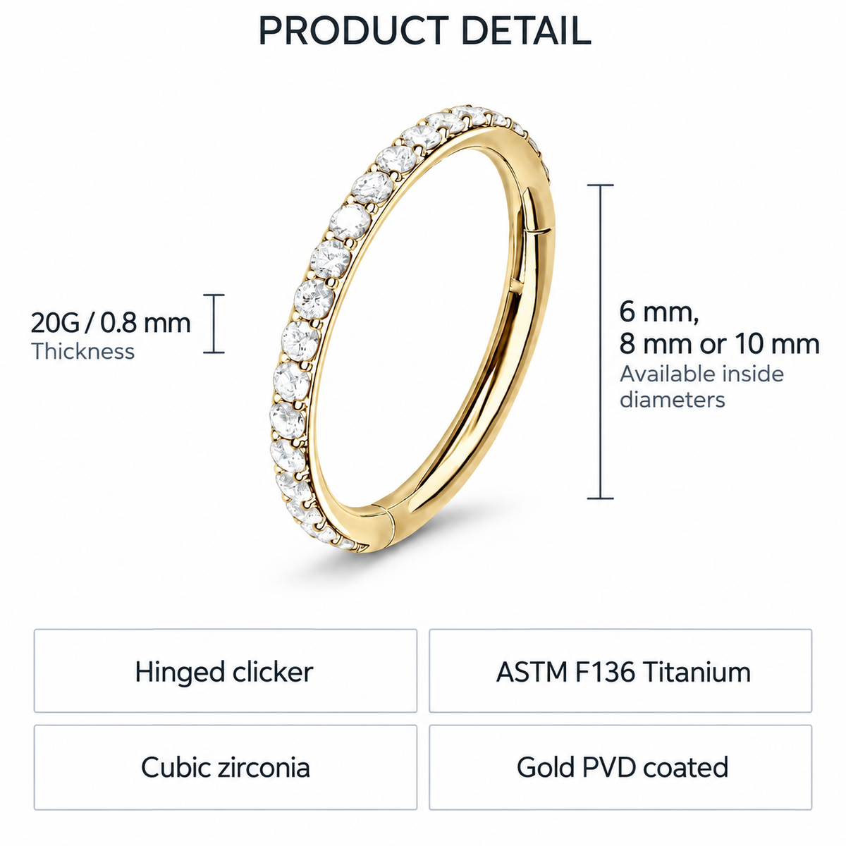Product detail graphic showing a gold ring with a row of clear cubic zirconia stones, labeled with thickness, available diameters, and features such as hinged clicker, ASTM F136 Titanium, cubic zirconia, and gold PVD coated on a white background.