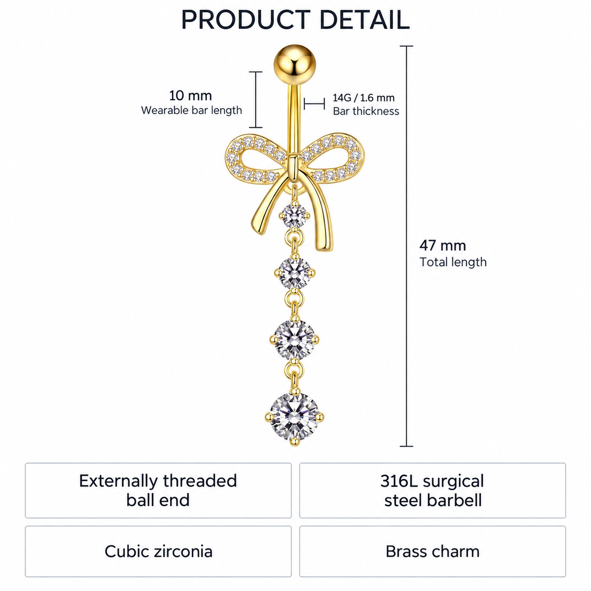 Product detail diagram of a gold-tone barbell piercing jewelry piece with a bow-shaped top, small clear stones, and a dangling cubic zirconia drop. The image includes dimension labels (10 mm wearable bar length, 47 mm total length) and feature callouts on a white background.