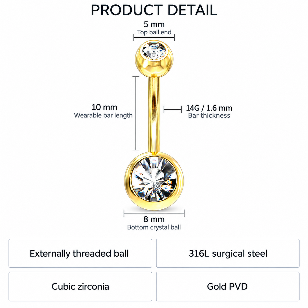 14 Gauge Gold Double Crystal Belly Button Bar
