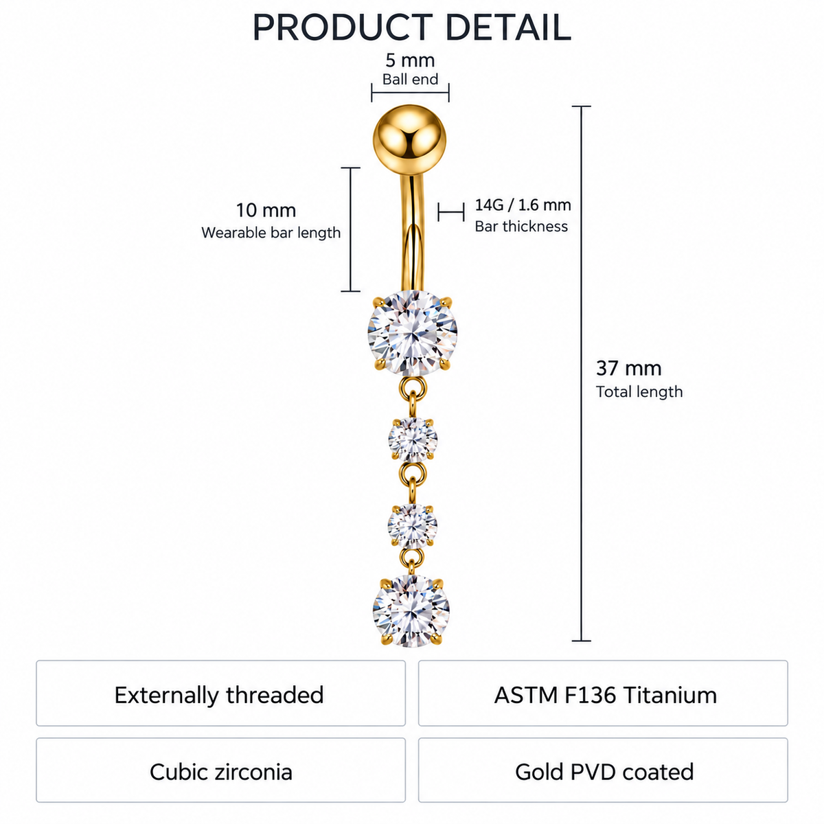 14G Titanium Four Crystal Cascade Belly Bar size guide