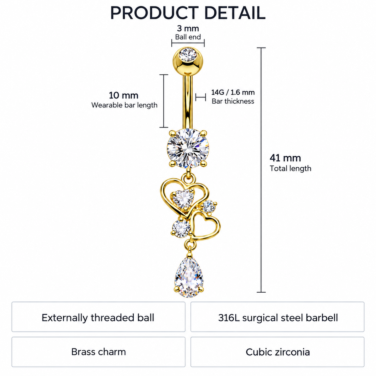 Product detail diagram for a gold-tone belly button ring with heart and teardrop charms, showing measurements including 41 mm total length, 10 mm wearable bar length, 3 mm ball end, 14G/1.6 mm bar thickness, and material labels for brass charm, cubic zirconia, and 316L steel.