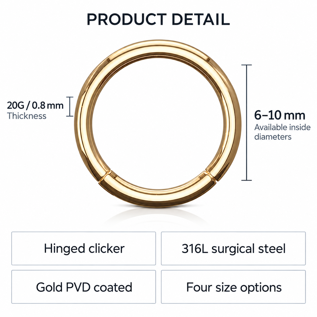 Product detail graphic for a gold-plated hinged clicker ring. The image shows a circular gold ring with dimension labels indicating 20G/0.