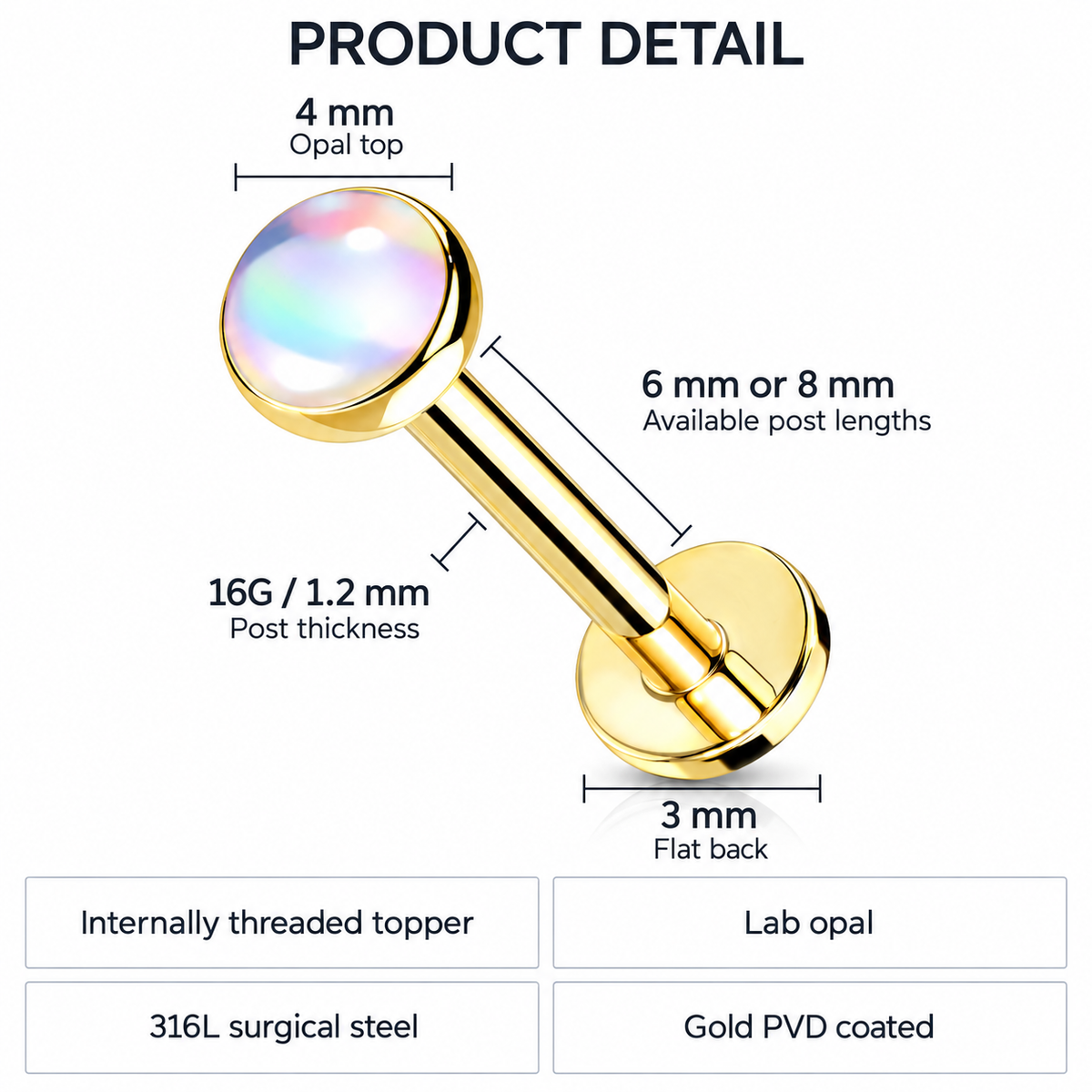 Product detail graphic for a gold labret piercing stud with an iridescent opal top, showing dimensions for the 4 mm opal top, 6 mm or 8 mm post length, 16G/1.2 mm post thickness, and 3 mm flat back, plus text noting internally threaded topper, lab opal, 316L surgical steel, and gold PVD coated.