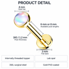 Product detail graphic for a gold labret piercing stud with an iridescent opal top, showing dimensions for the 4 mm opal top, 6 mm or 8 mm post length, 16G/1.2 mm post thickness, and 3 mm flat back, plus text noting internally threaded topper, lab opal, 316L surgical steel, and gold PVD coated.