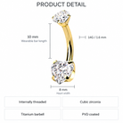 14 Gauge Titanium Double Crystal Heart Belly Button Bar size guide