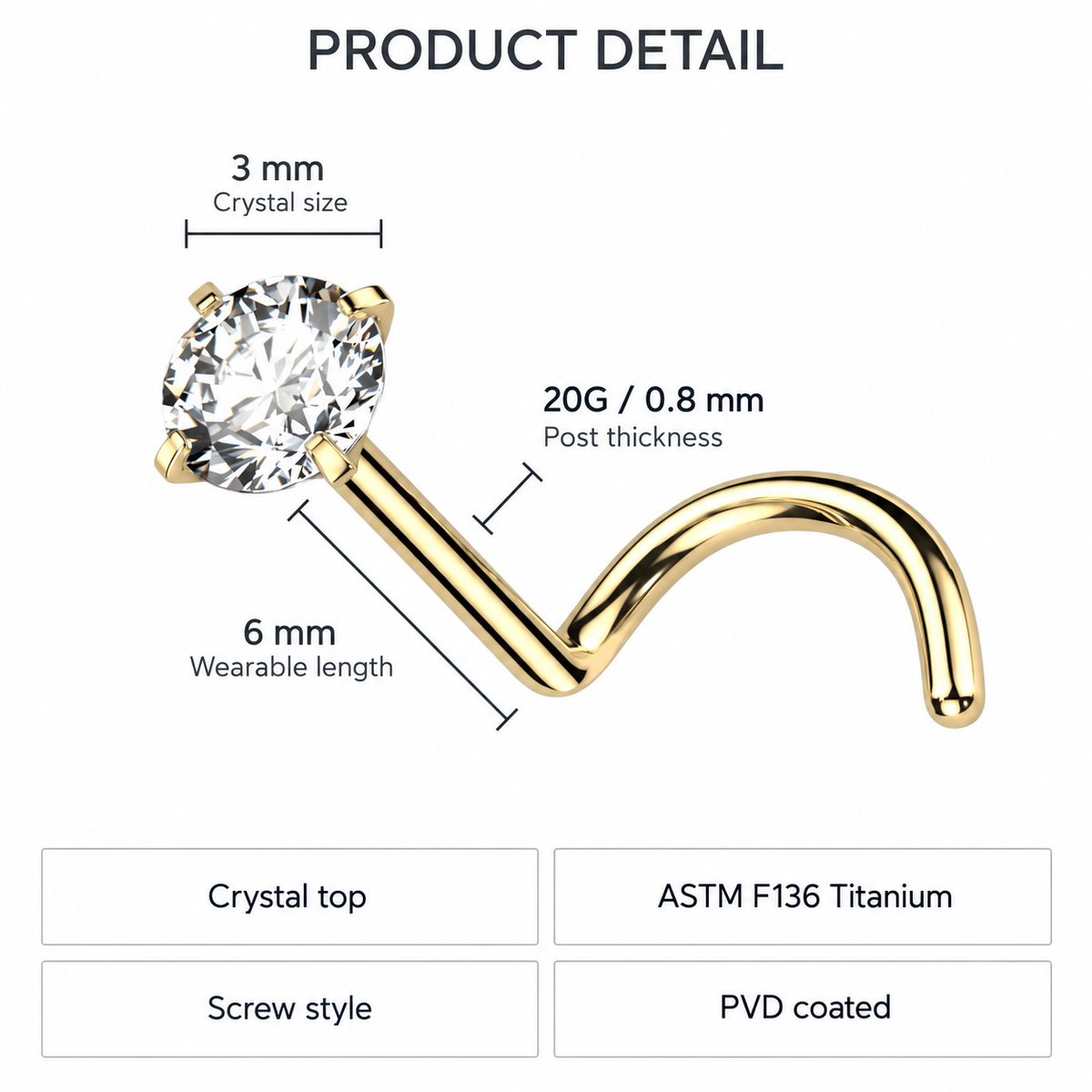 20 Gauge Titanium Prong Set Crystal Screw Nose Stud SIZE GUIDE