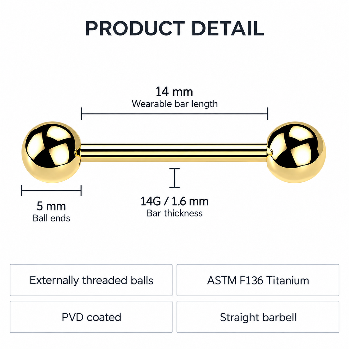 14 Gauge Titanium PVD Coated Straight Barbell