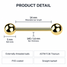 14 Gauge Titanium PVD Coated Straight Barbell