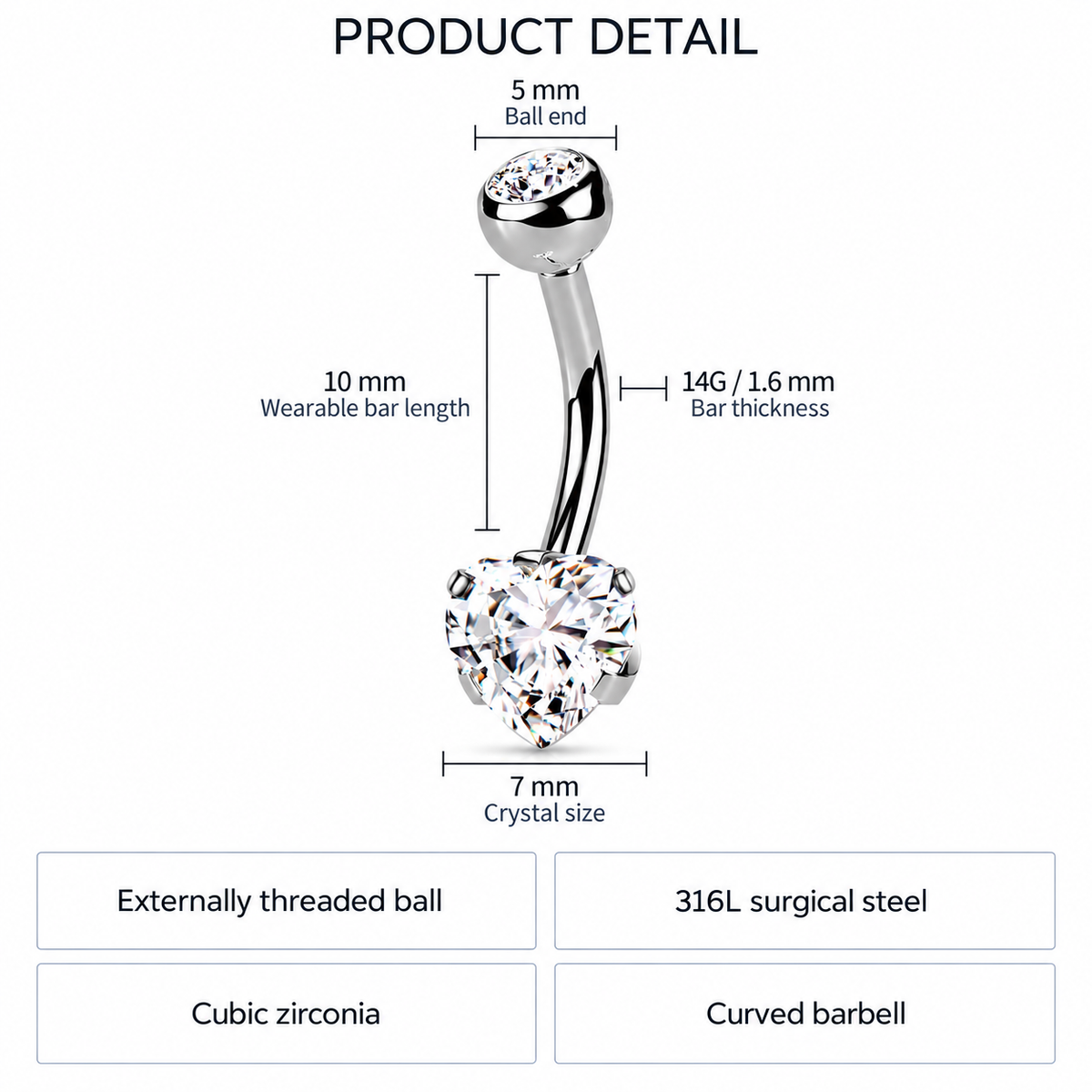 Product detail diagram of a curved barbell belly button ring with cubic zirconia stones, showing measurements for the 10 mm wearable bar length, 5 mm ball end, 7 mm crystal size, and 14G/1.6 mm bar thickness, plus feature boxes below.