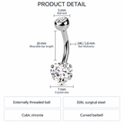 Product detail diagram of a curved barbell belly button ring with cubic zirconia stones, showing measurements for the 10 mm wearable bar length, 5 mm ball end, 7 mm crystal size, and 14G/1.6 mm bar thickness, plus feature boxes below.