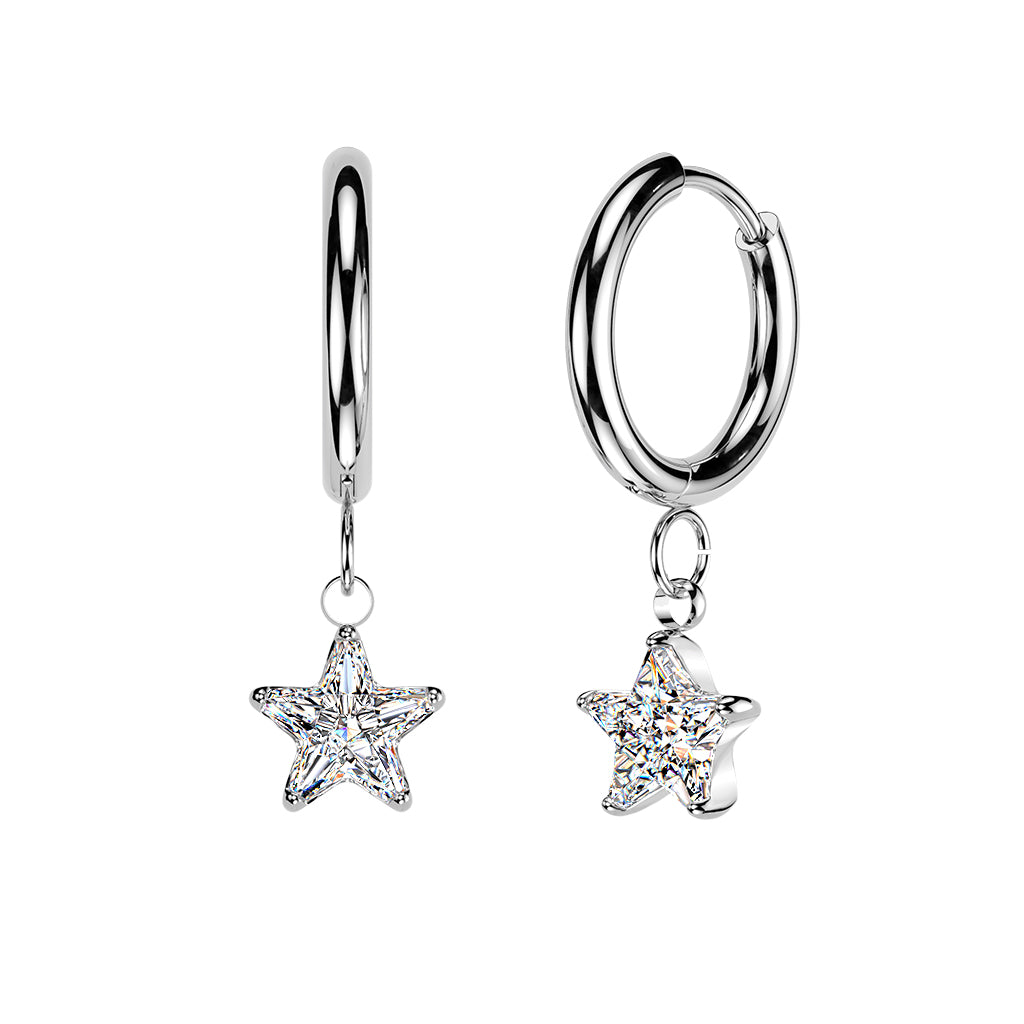 Hypoallergenic Crystal Star Hinged Hoop Earrings