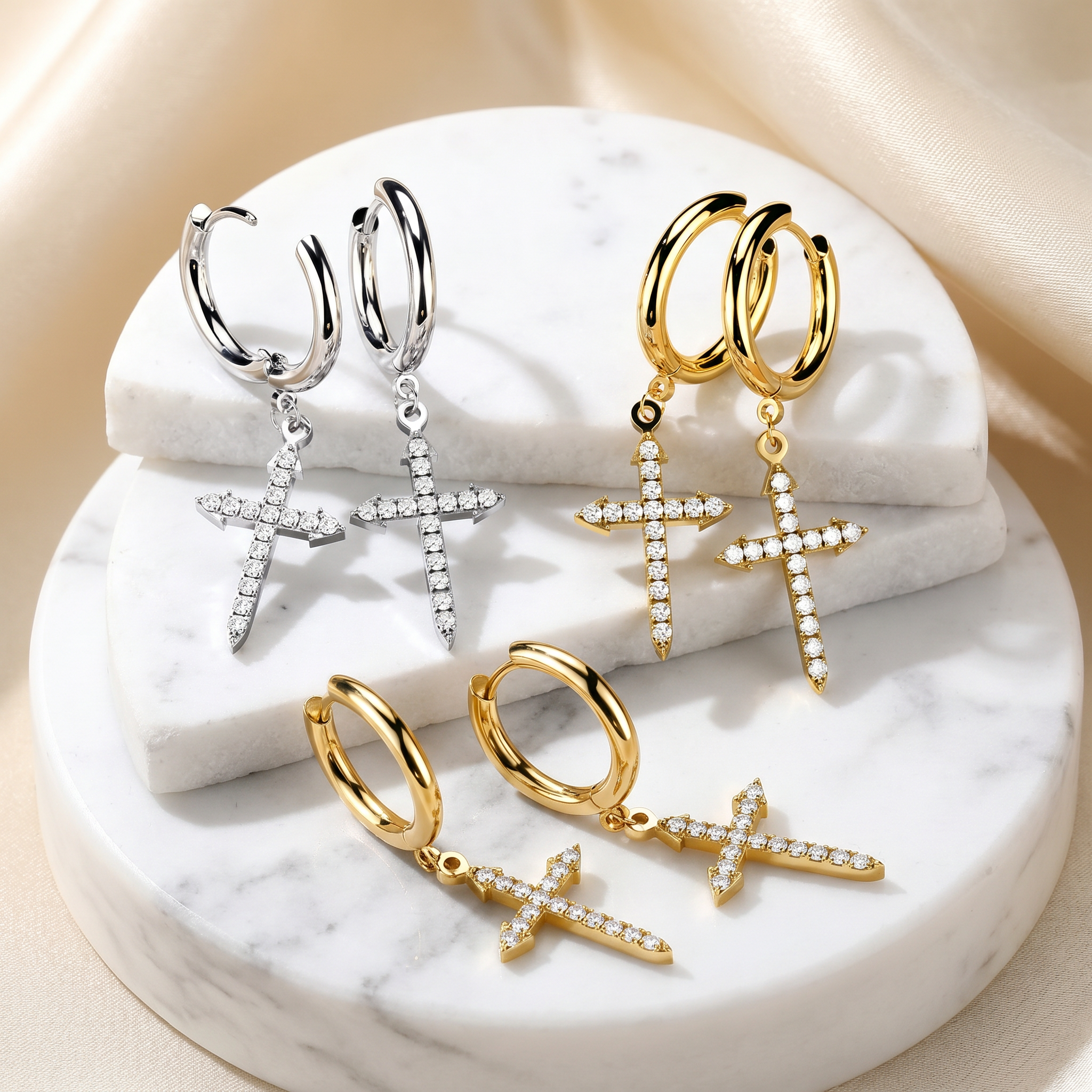 Hypoallergenic Dangling Celtic Crystal Cross Hoop Earrings
