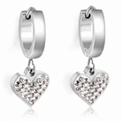 A pair of silver huggie hoop earrings with dangling heart charms encrusted with clear rhinestones, shown on a clean white background with a soft reflection.