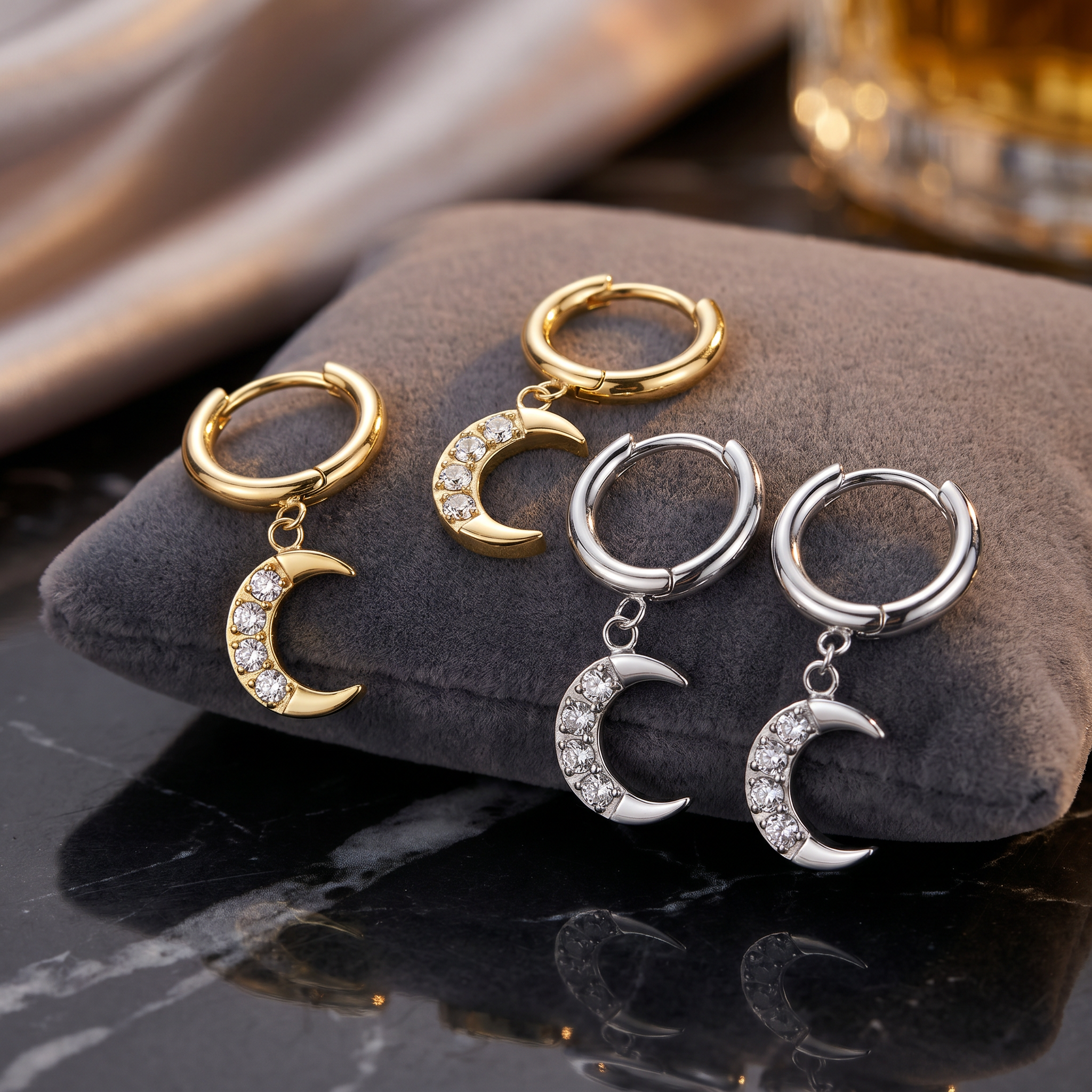 Hypoallergenic Dangling Crystal Moon Hinged Hoop Earrings