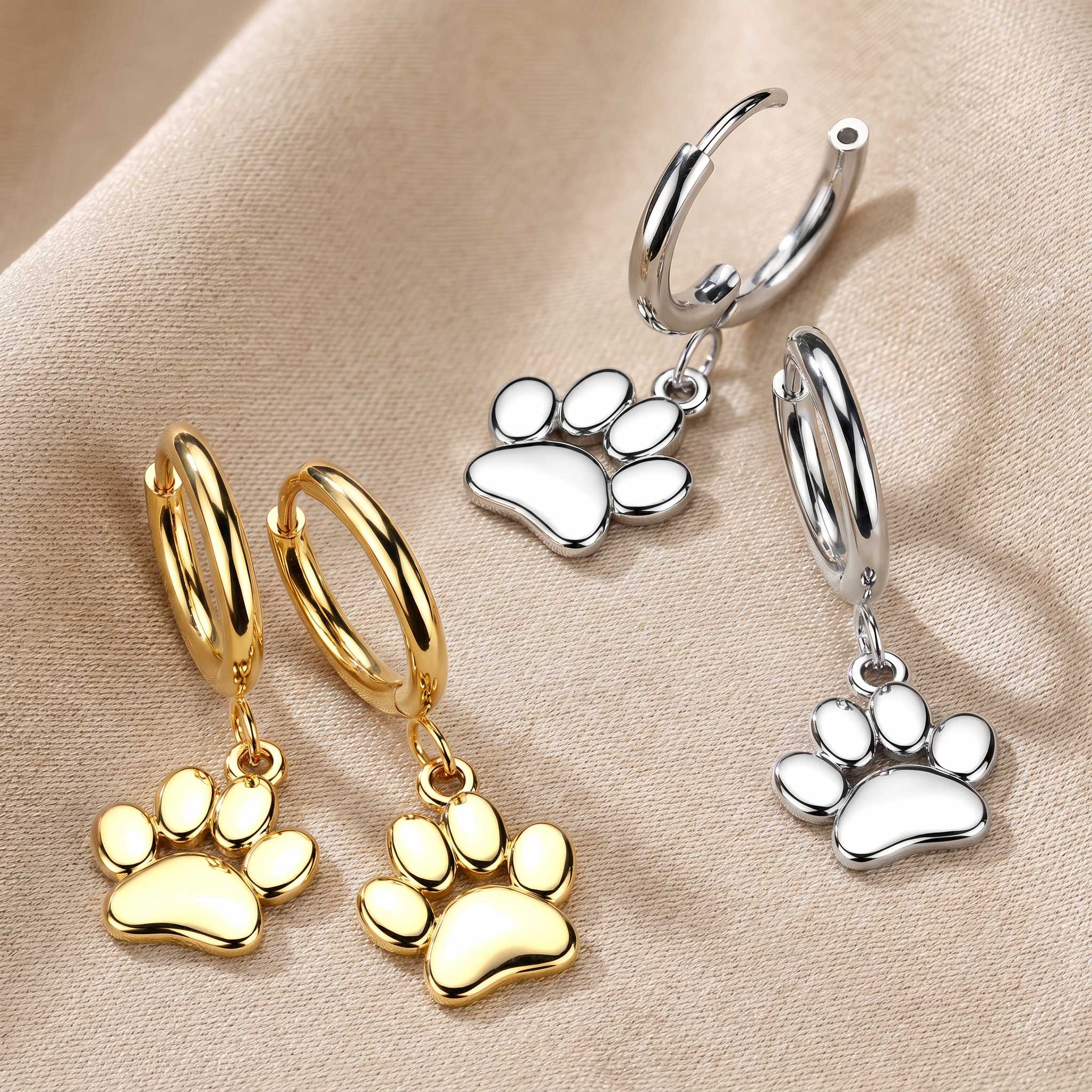 Hypoallergenic Dangling Crystal Paw Huggie Hoop Earrings