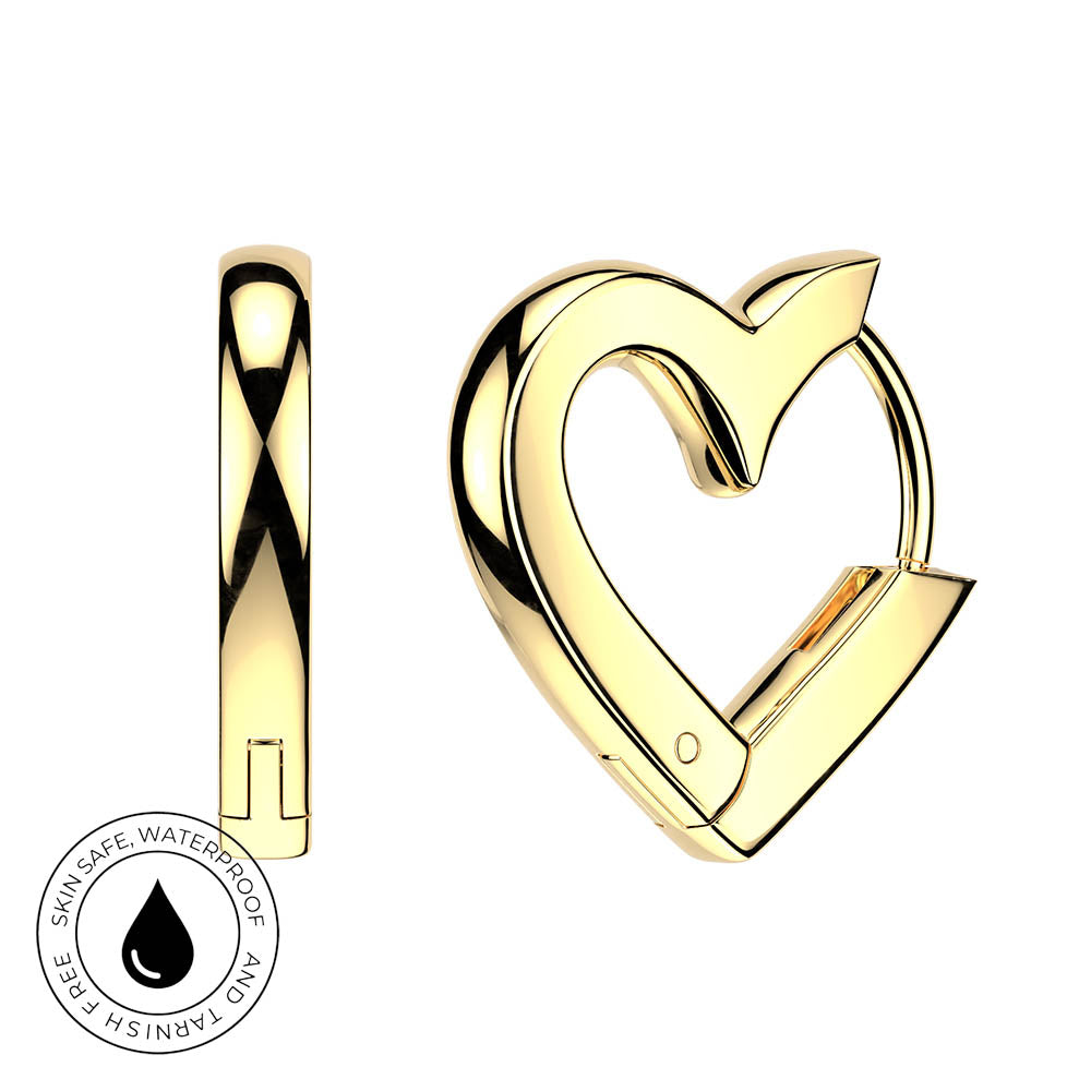 Gold heart-shaped hoop earring shown from two angles on a white background, with a circular 'Skin Safe Waterproof' badge in the lower left corner.