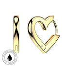 Gold heart-shaped hoop earring shown from two angles on a white background, with a circular 'Skin Safe Waterproof' badge in the lower left corner.