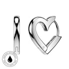 A polished silver huggie hoop earring shaped like a heart outline, shown from both front and side views on a white background, with a circular 'Skin Safe Waterproof' badge in the lower left.