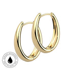 A pair of polished gold hoop earrings on a plain white background, with a small circular badge in the lower left that reads 'SKIN SAFE WATERPROOF' and 'TARNISH FREE' with a water droplet icon.
