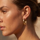 A close-up side profile of a woman wearing a polished gold hoop earring, with warm sunlight highlighting her skin and the metallic texture of the jewelry.