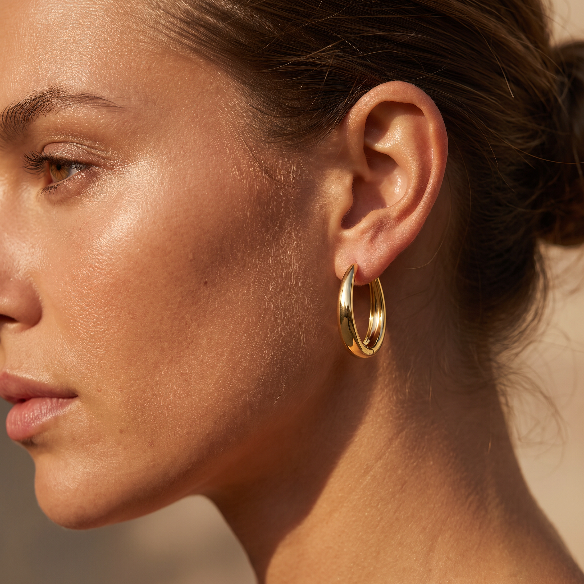 A close-up side profile of a woman wearing a polished gold hoop earring, with warm sunlight highlighting her skin and the metallic texture of the jewelry.