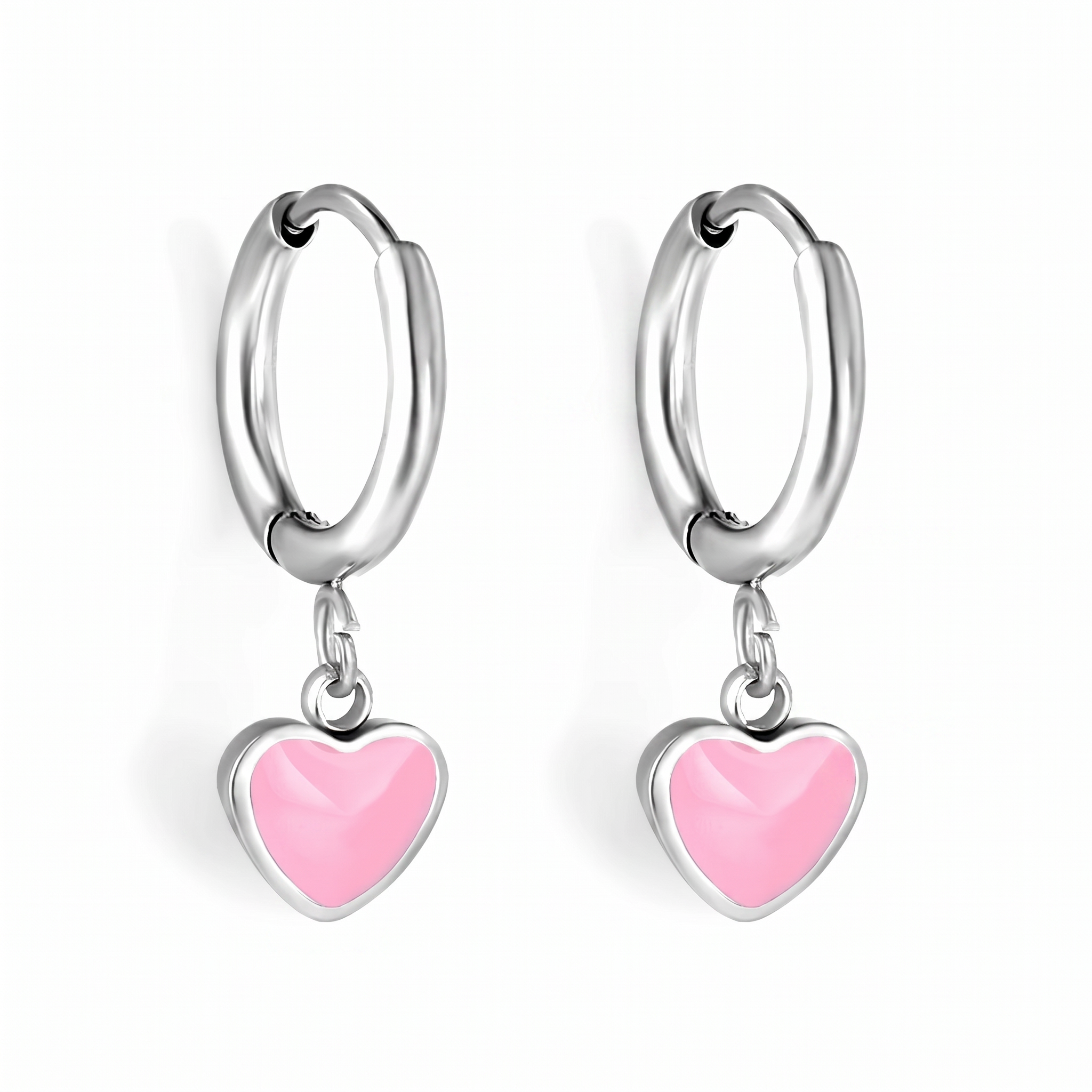 Hypoallergenic Pink Heart Hinged Hoop Earrings