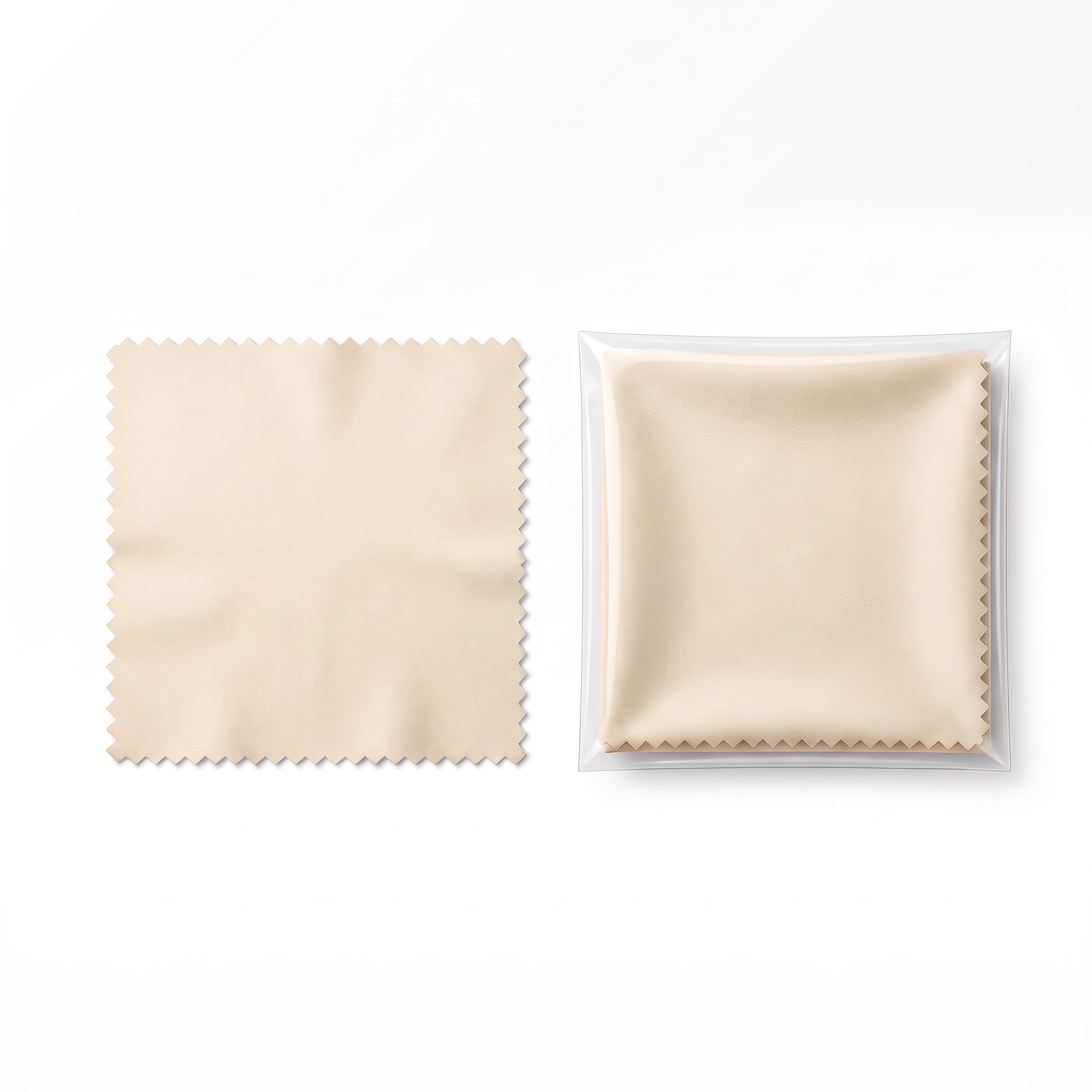 A light beige microfiber cleaning cloth with serrated edges shown next to its clear plastic packaging containing a matching folded cloth, on a solid white background.