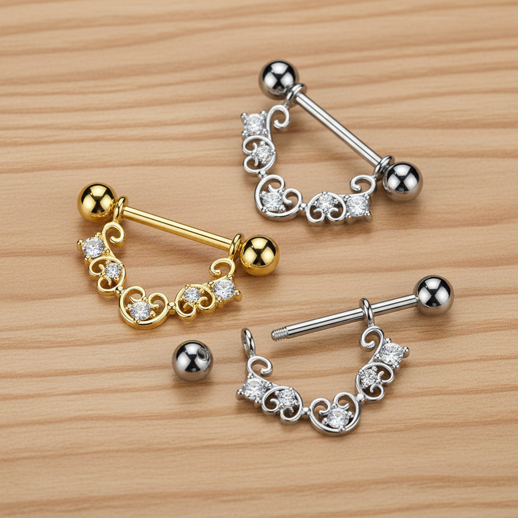14 Gauge Filgree Crystal Heart Nipple Barbell