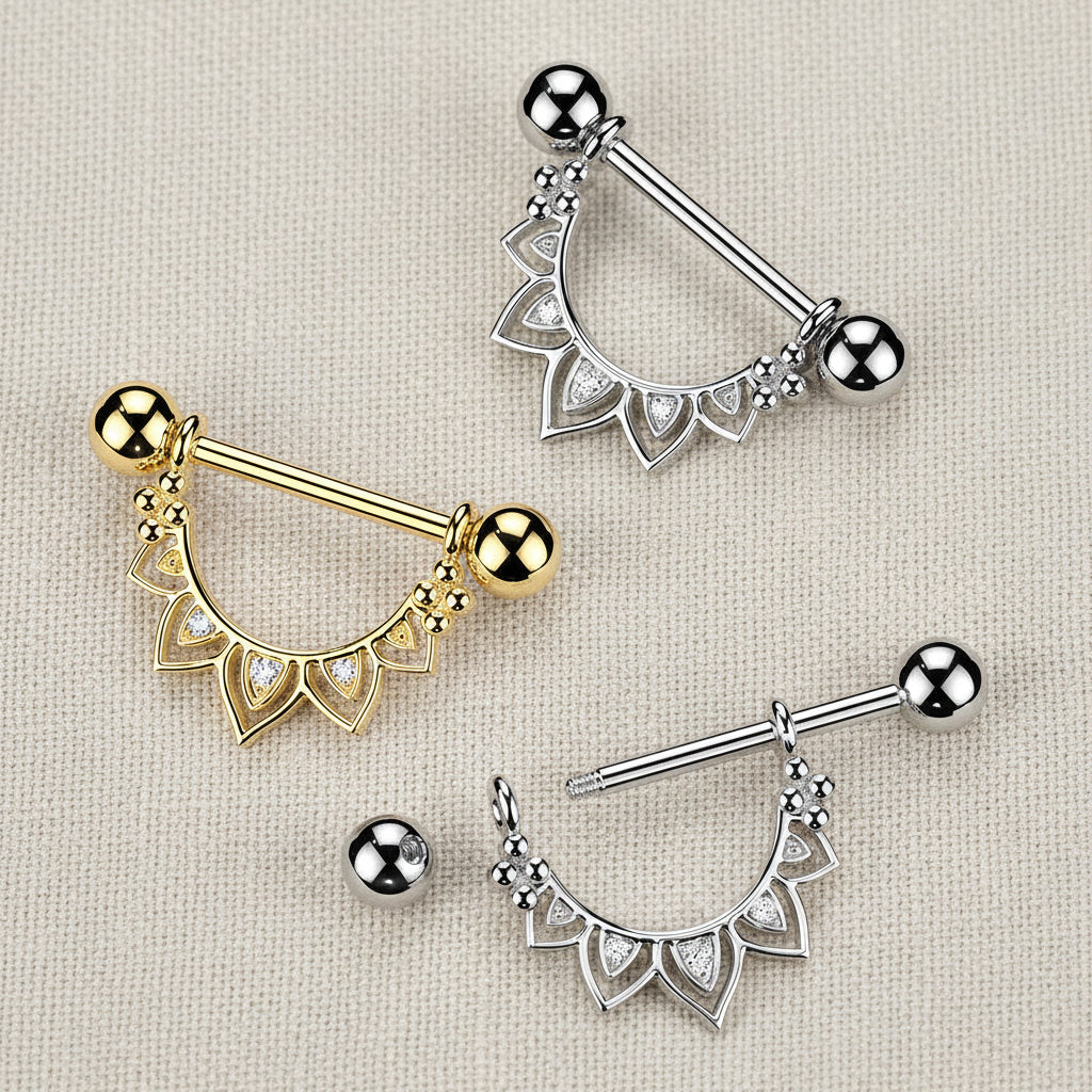 14 Gauge Filigree Crystal Fan Nipple Barbell
