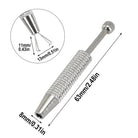 A silver metal ball grabber tool with a knurled grip and ball tip, shown on a white background with dimension labels and a circular close-up inset of the tip.