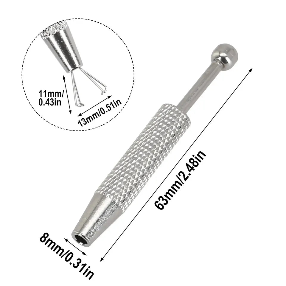 A silver metal ball grabber tool with a knurled grip and ball tip, shown on a white background with dimension labels and a circular close-up inset of the tip.