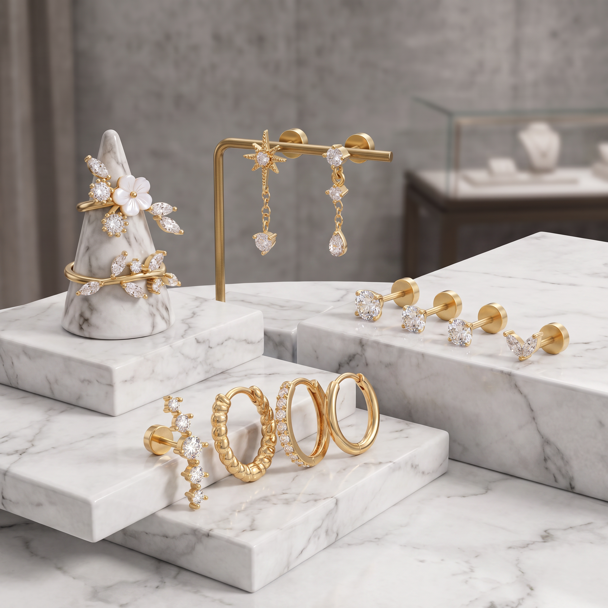 Gold jewelry displayed on white marble stands and a stand, including floral earrings, hoop earrings, stud earrings, and a dangling star-and-drop earring set with clear stones, in a softly lit boutique-style setting.