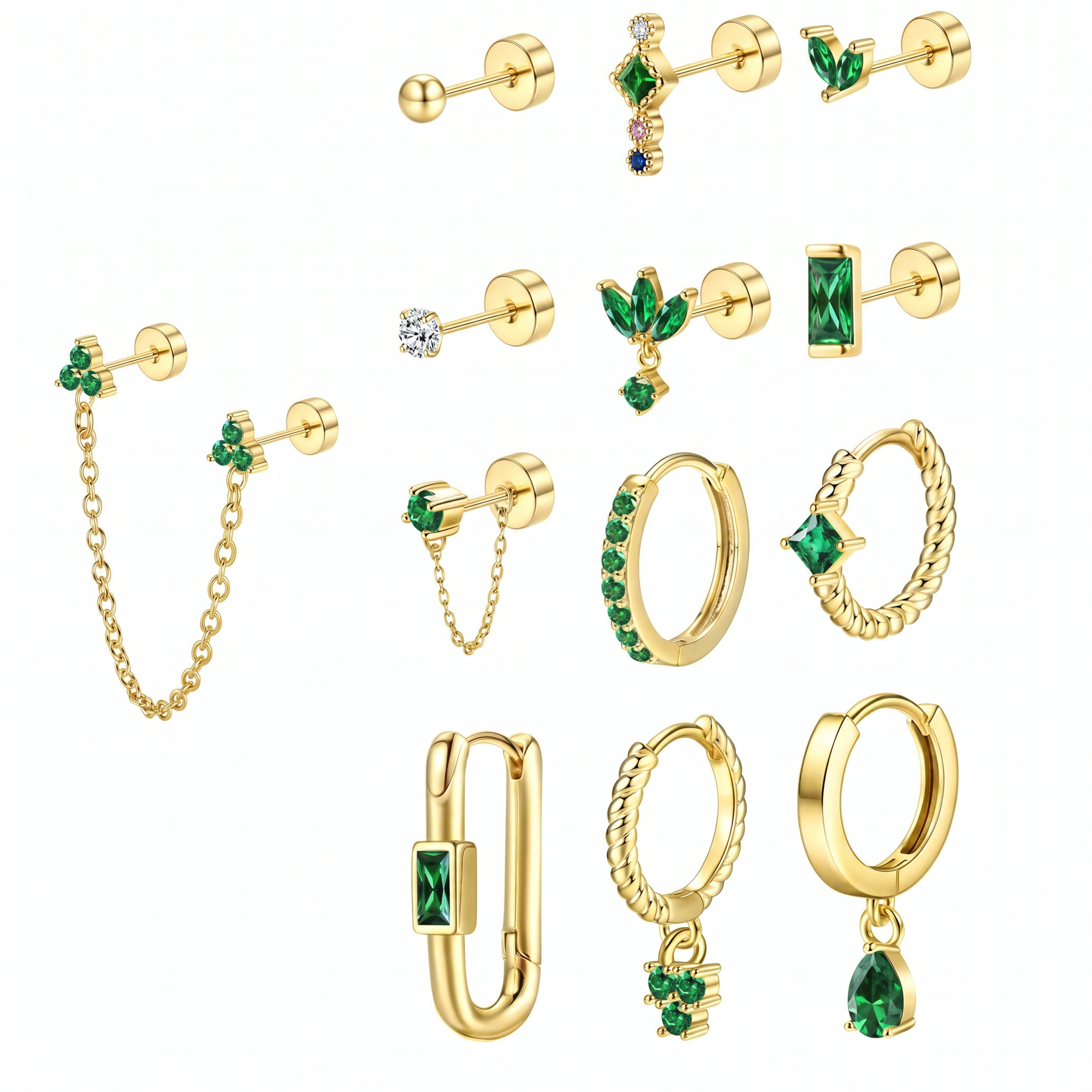 A set of gold-colored stud earrings and ear cuffs with green gemstone accents, displayed on a clean white background.