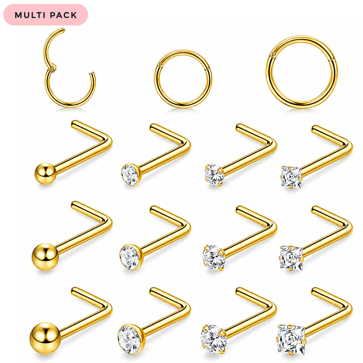 A multi-pack of gold-colored nose studs and cartilage piercings arranged on a white background. The set includes curved barbell studs with ball ends, straight barbell studs with clear round gemstones, and hoop-style cartilage piercings.