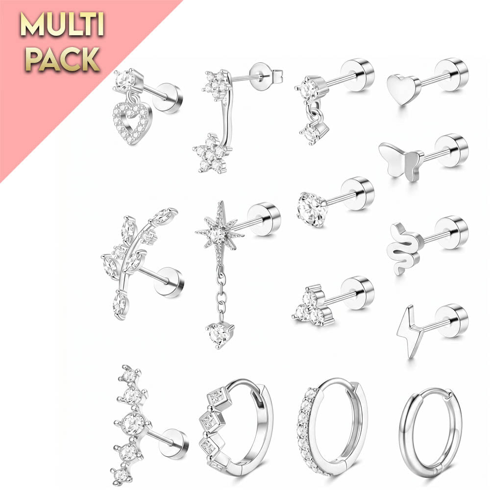 A 16-piece silver-toned ear cuff and stud jewelry set displayed on a white background with a pink diagonal banner reading 'MULTI PACK'. The set includes various star, heart, flower, and huggie designs embellished with clear rhinestones.