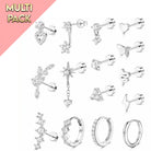 A 16-piece silver-toned ear cuff and stud jewelry set displayed on a white background with a pink diagonal banner reading 'MULTI PACK'. The set includes various star, heart, flower, and huggie designs embellished with clear rhinestones.