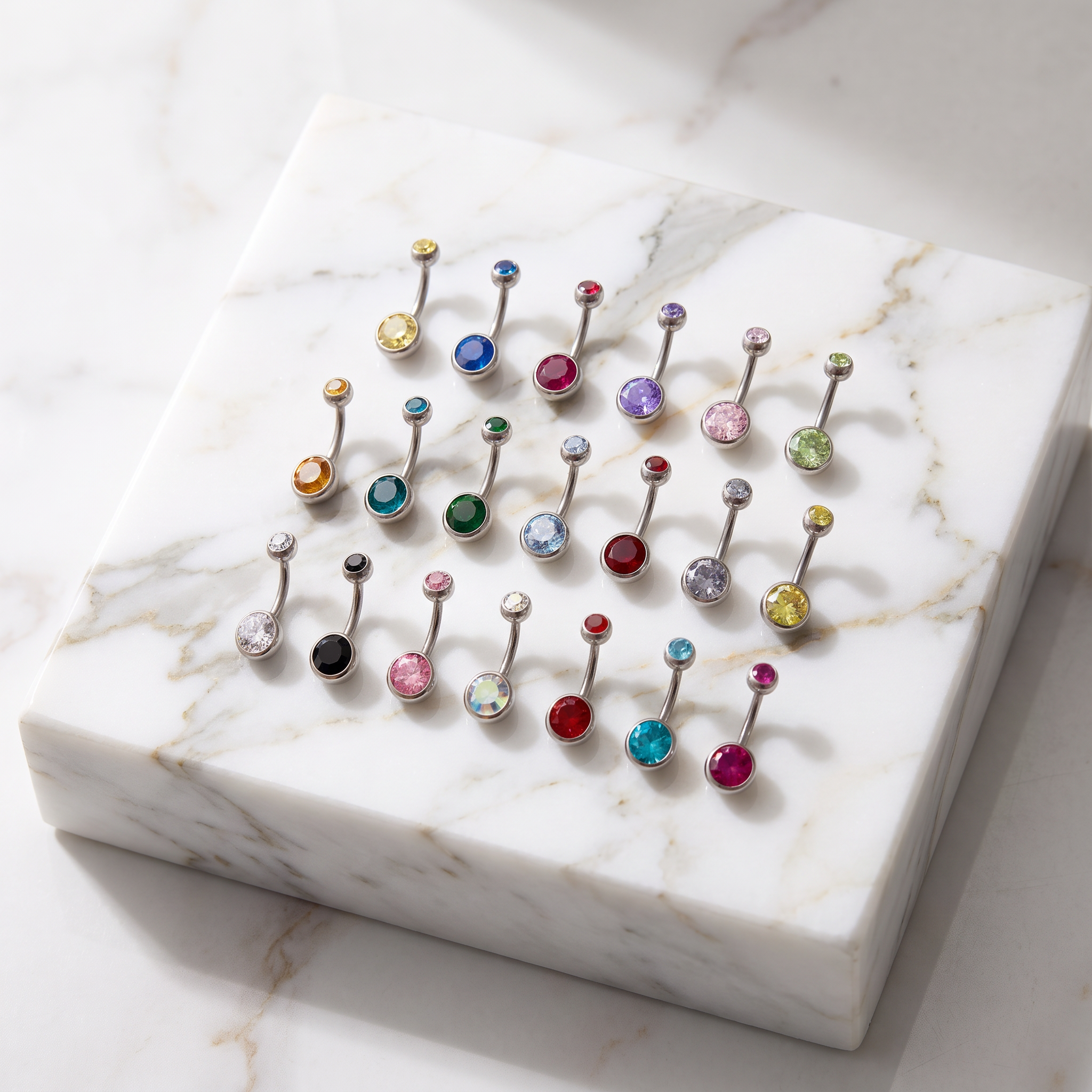 A set of colorful belly button piercings arranged on a white marble tray, featuring silver-toned bars with round gemstone tops in a variety of colors.