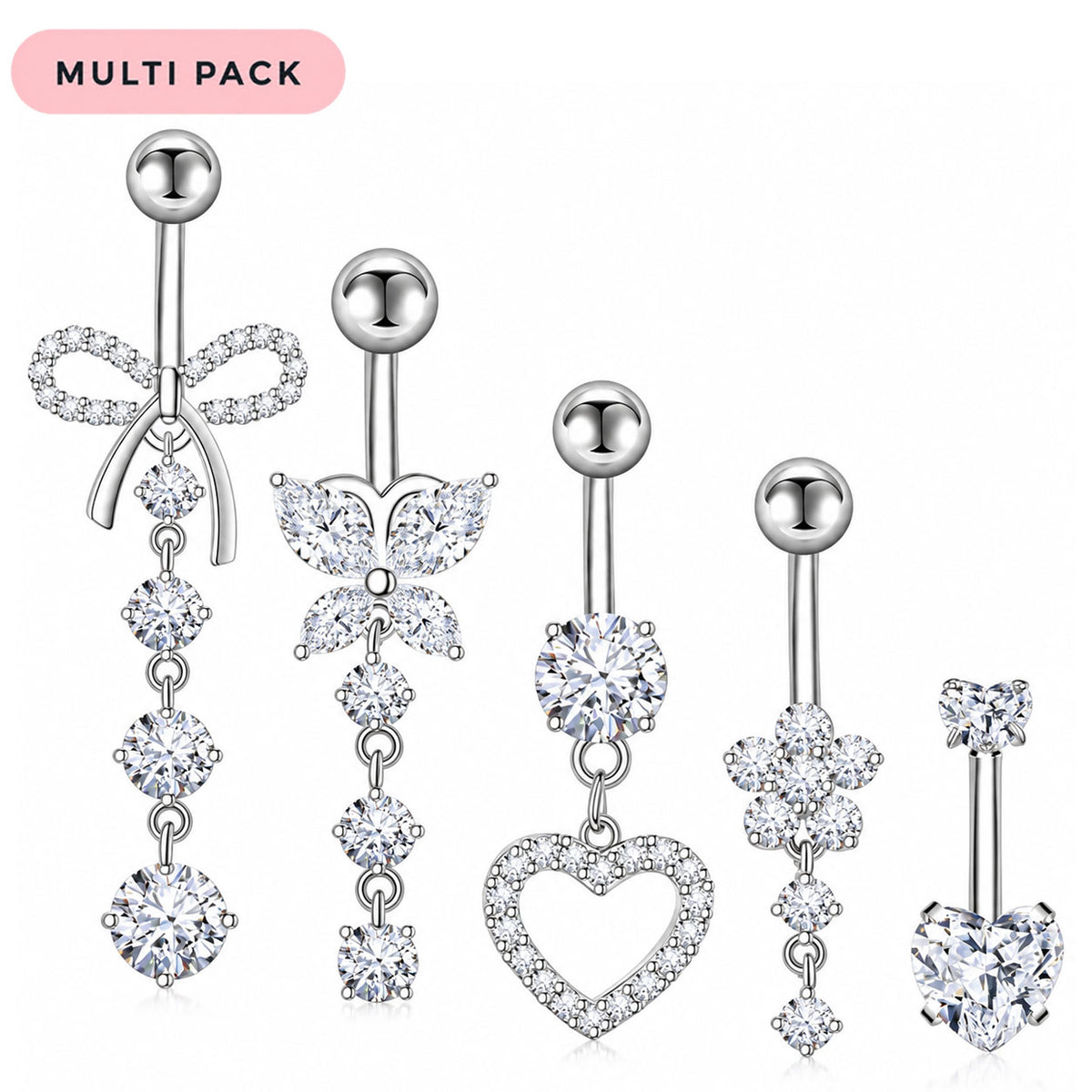 A 5-piece multi-pack of silver-toned belly button rings decorated with clear rhinestones in various shapes including a bow, butterfly, heart, and floral clusters, shown on a white background with a pink 'MULTI PACK' label.