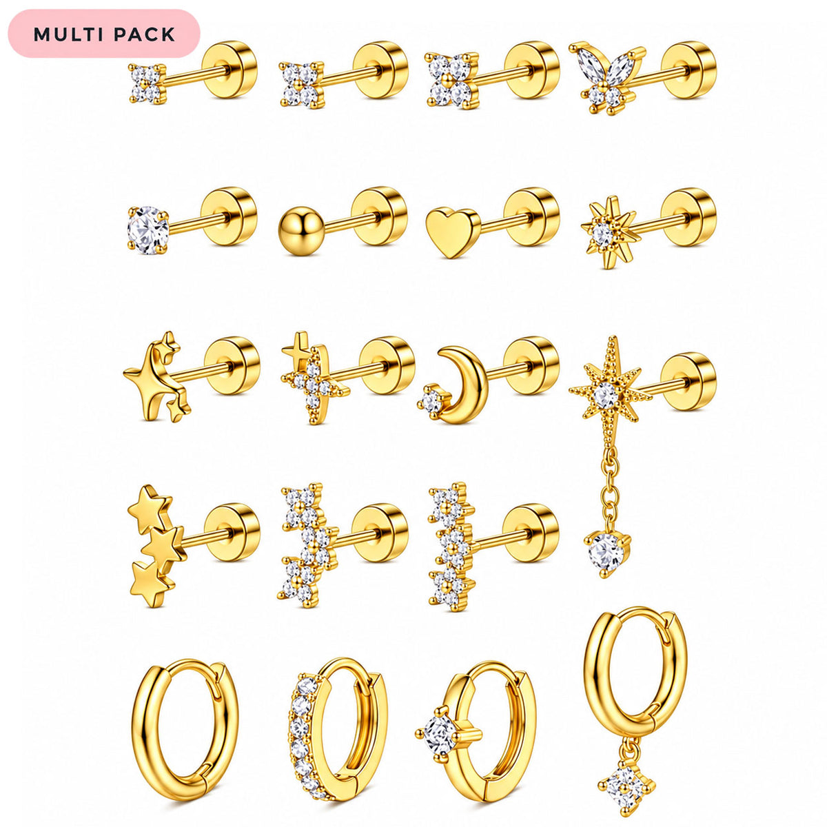 A multi-pack of gold-colored stud earrings and hoop earrings with clear rhinestones, shown in a grid layout on a white background with a pink 'MULTI PACK' label in the top left corner.