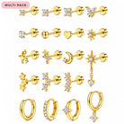 A multi-pack of gold-colored stud earrings and hoop earrings with clear rhinestones, shown in a grid layout on a white background with a pink 'MULTI PACK' label in the top left corner.